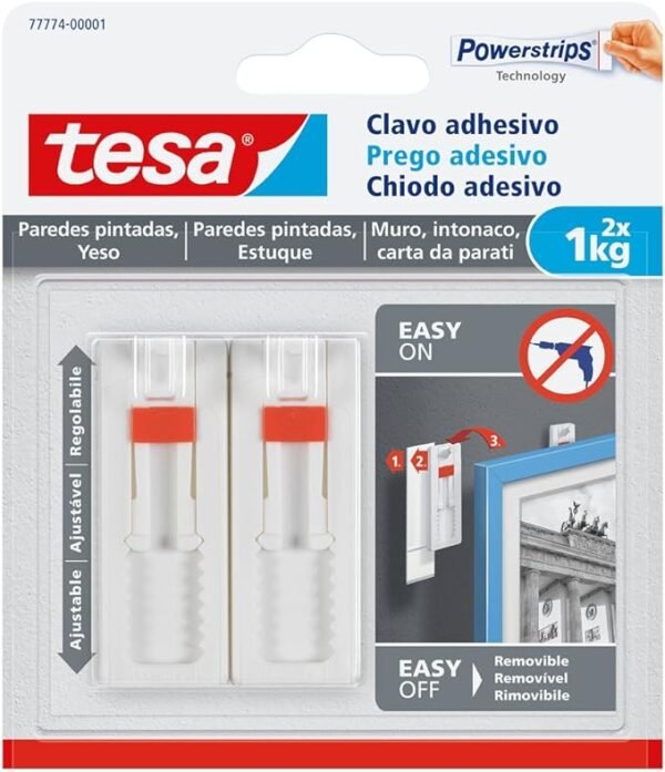 Tesa Clavo adhesivo ajustable, ideal para cuadros, para paredes pintadas y yeso (1 kg)