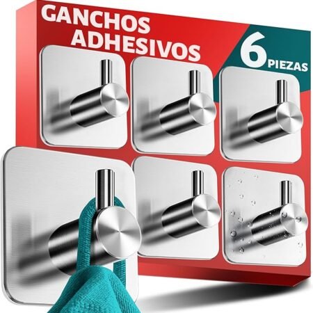 Menz ganchos adhesivos para pared inox, 6 SET - ganchos toalleros de baño, ganchos de pared, ganchos autoadhesivos, toallero sin taladrar