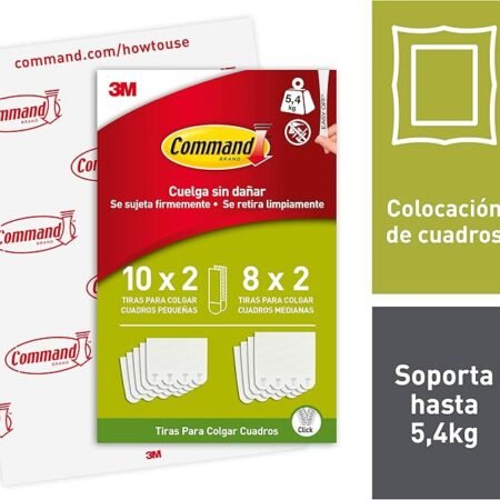 Command Tiras Adhesivas para Colgar Cuadros, Pack Ahorro de 10 x 2 Tiras Pequeñas y 8 x 2 Tiras Medianas en Blanco - Para Marcos, Espejos y otros Adornos - Colgar Sin Agujeros y Sin Taladrar