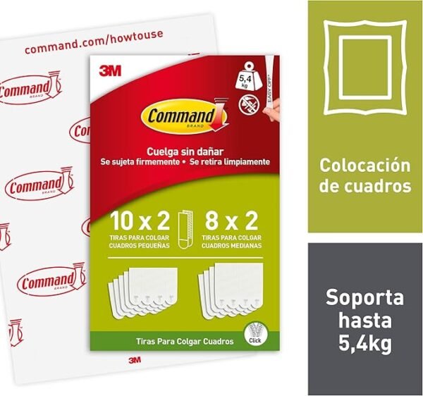 Command Tiras Adhesivas para Colgar Cuadros, Pack Ahorro de 10 x 2 Tiras Pequeñas y 8 x 2 Tiras Medianas en Blanco - Para Marcos, Espejos y otros Adornos - Colgar Sin Agujeros y Sin Taladrar